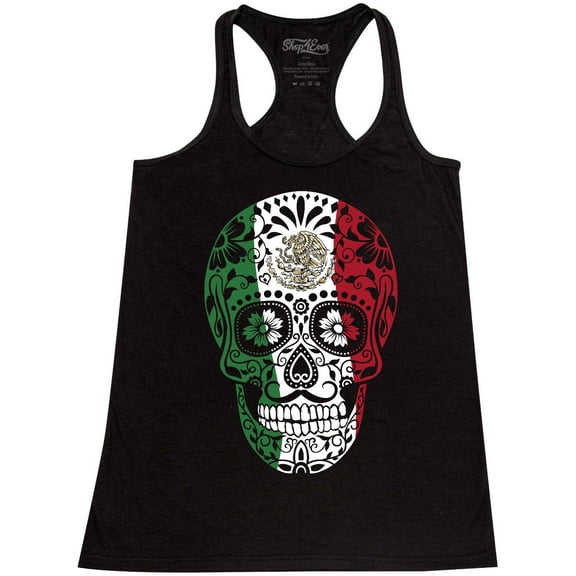 Shop4Ever Women's Mexican Flag Skull Day of the Dead Racerback Tank Top Small Black