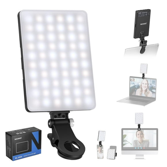 NEEWER Basic Selfie Light with Front & Back Phone Clip, 60 LED 2000mAh Rechargeable CRI 95+, 3 Light Modes, Portable Clip on Light for Phone/Tablet/Laptop, Zoom Call TikTok Video