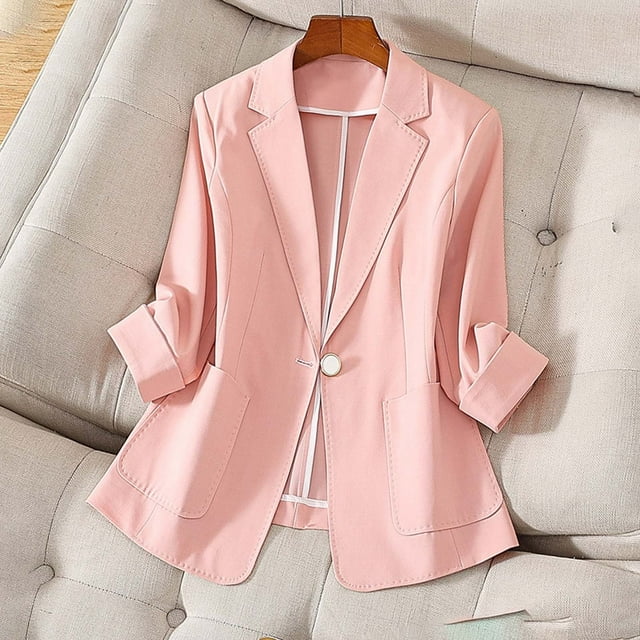 Soki Women's 3/4 Sleeve Blazer Lightweight Fully-Lined Lapel Button Casual Work Jacket Pockets
