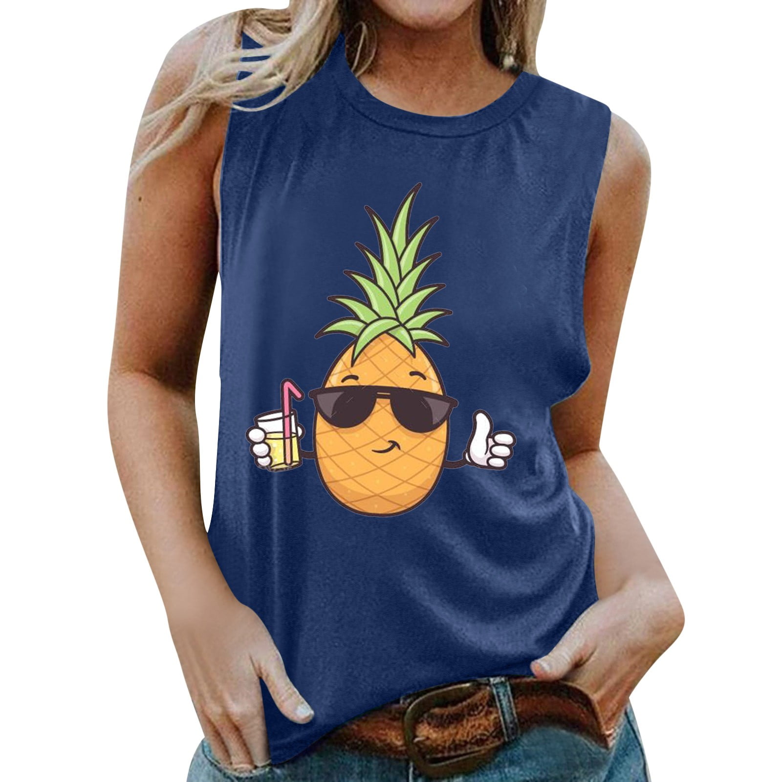 B91xZ Work Shirts For Women European And American Style Sleeveless Vest  Women's Pineapple Fun Print T Shirt Grey, XXL
