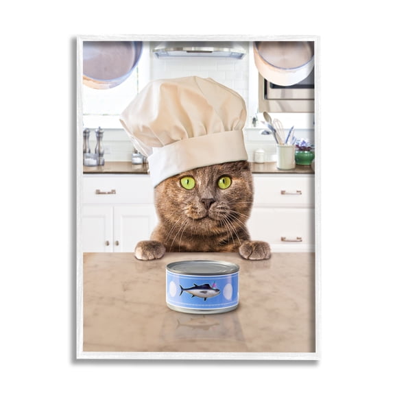 Stupell Industries Cat Chef & Tuna Can Animals & Insects Painting White Framed Art Print Wall Art, 11 x 14