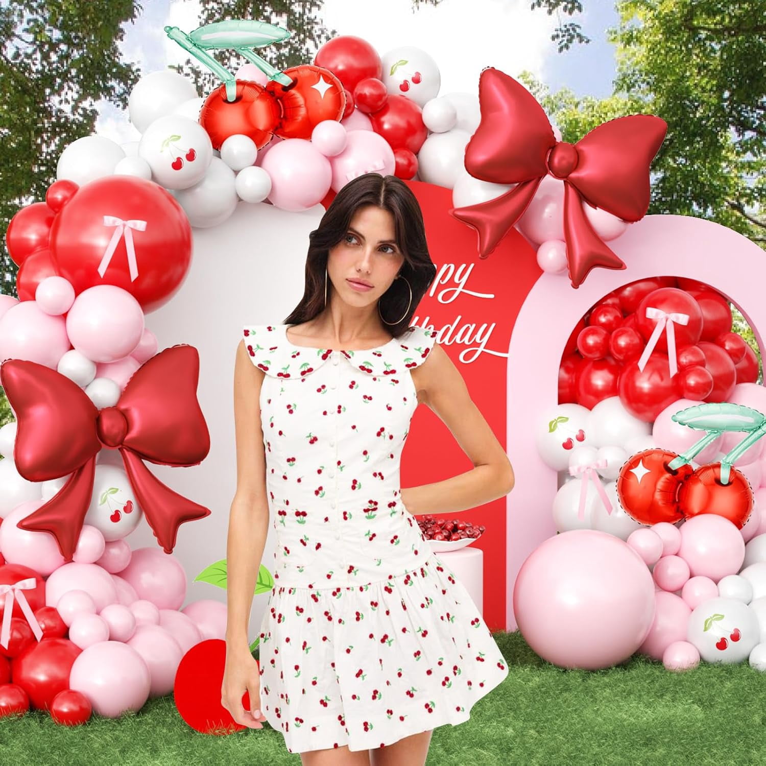 Cherry Balloon Arch Garland Kit with Ribbon Cherry Bow Foil Balloons for Party Decorations