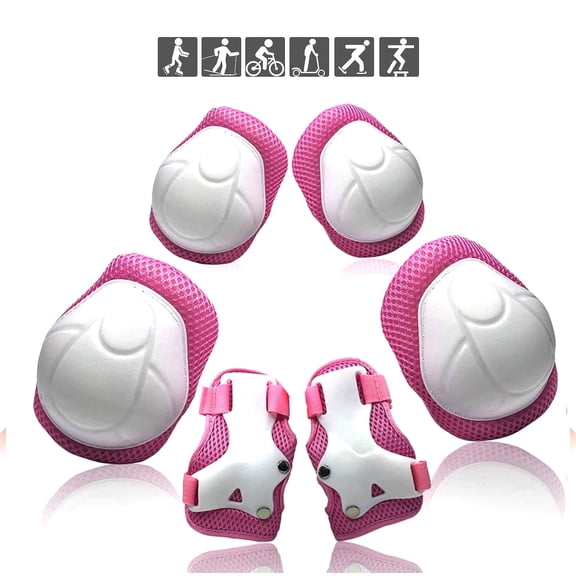 Rirool Pink and White Kids Protective Gear Set, 6-Piece Knee Pads, Elbow Pads and Wrist Guards with Adjustable Straps for Ages 3-10, Roller Skating, Skateboarding, Scooter and Cycling