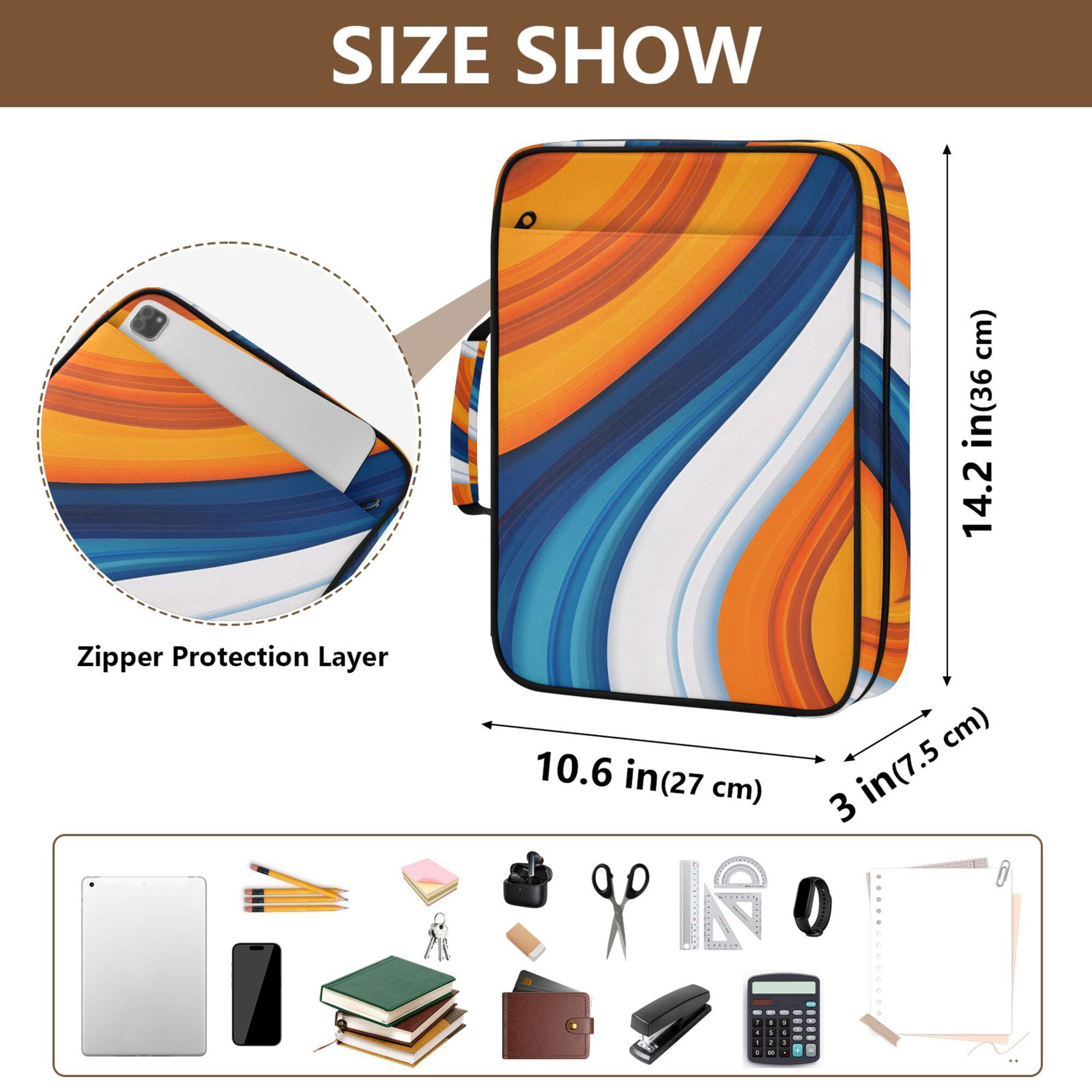 FORMRS Accordion File Folder A4 Size 7-Pocket Expanding Document Organizer Bag with 3 Ring Binder, Orange Abstract Wavy