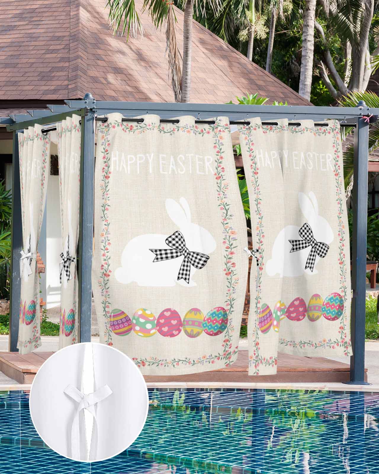 Happy Easter Outdoor Curtains for Patio, Bow Bunny Colorful Eggs Flowers Vines Privacy Drapes Grommet Waterproof Outside Curtains for Porch/Cabana/Balcony 54"x 108", 1 Panel
