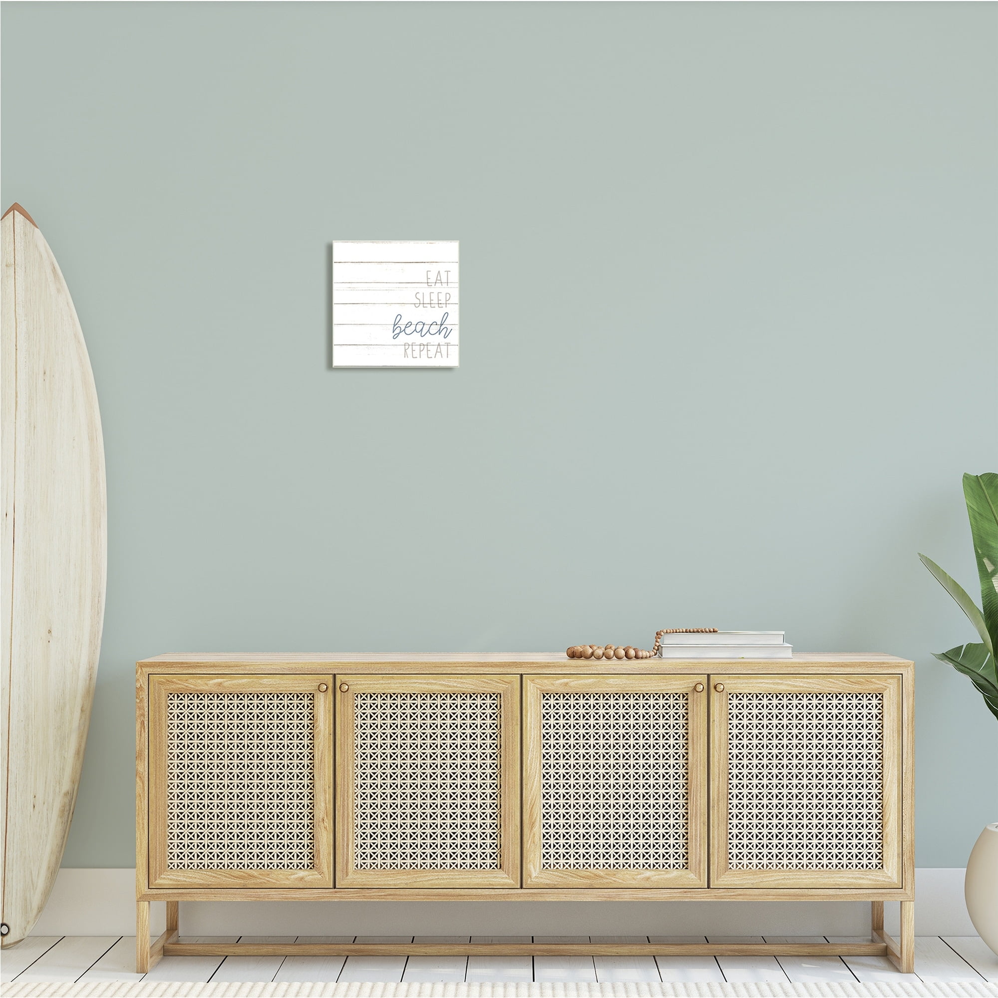 Stupell Industries Eat Sleep Beach Repeat Phrase White Planked Pattern, 12 x 12, Design by Kim Allen