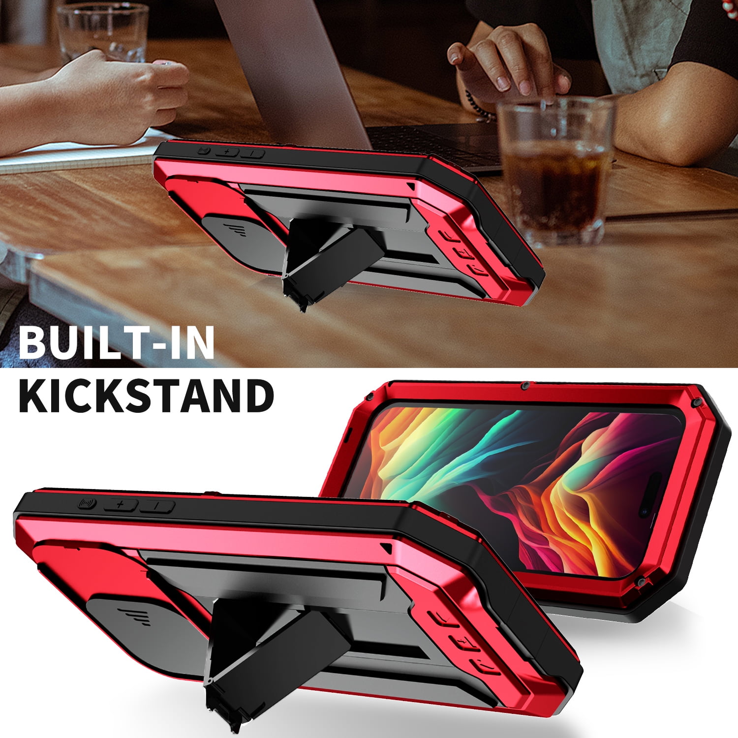 Heavy Duty Rugged Case for iPhone 15 Pro Max with Camera Lens Sliding Kickstand, Triple-Layer Military Grade Metal Frame Shockproof Cover with Screen Protector Dustproof Protective Case,Red