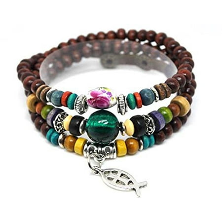 Wood Wrap Bracelet - Wood Bead Fish & Cross Wrap Bracelet Christian Religious Inspirationa...