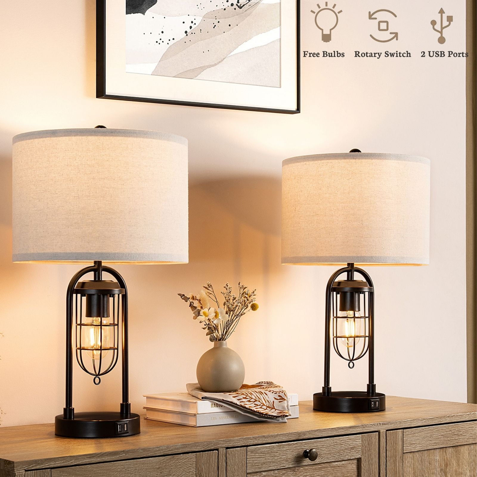 KYRID 21'' Table Lamps Set of 2 with USB Port and Night Light, Modern Farmhouse Bedside Table Lamp with White Drum Shade, Painted Bronze Finish (Bulbs Included)