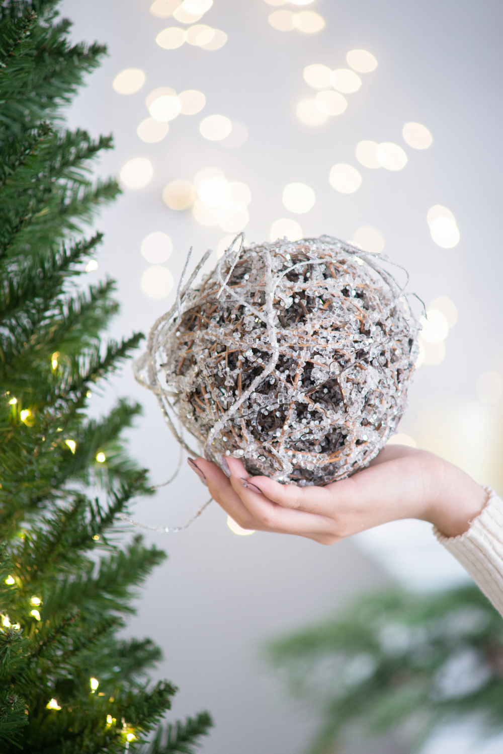 Iced Twig Ball Christmas Ornament Snow Covered Look Plastic Wire Angelvine Tree Decor Gift