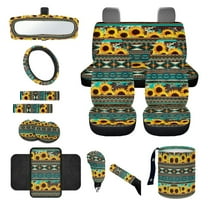Yuyamidu Sunflower Car Seat Cover Full Set of 14 Green Aztec Steering Wheel Cover Seat Belt Covers Car Center Control Cover Gabage Bag Rearview Mirror Cover Handbrake Cover Set Coasters