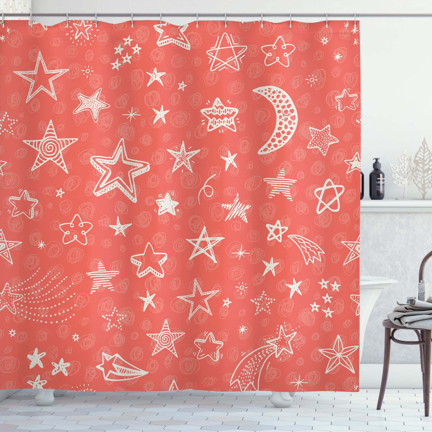 House Decor Shower Curtain, Moon and Stars Theme Starry Night Shooting