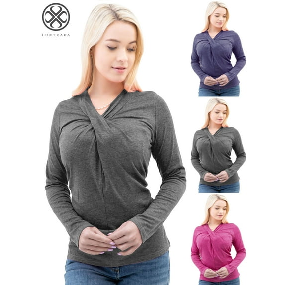 Luxtrada Women's Long Sleeves Cross Wrapped Neckline Top Tee Shirt Blouse Casual Top