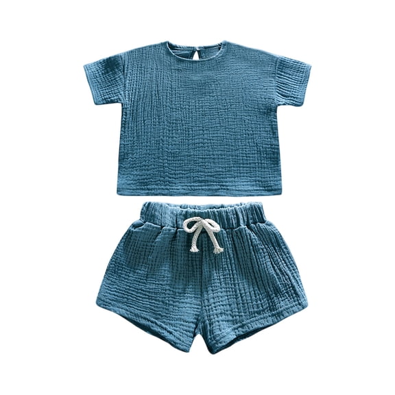 Bbyeadc Girl Two Piece Linen Outfits Sets Short Sleeve Crew Neck T-Shirt Drawstring Comfort Shorts Fashion Going Out Short Sets with Pocket,Blue (110)