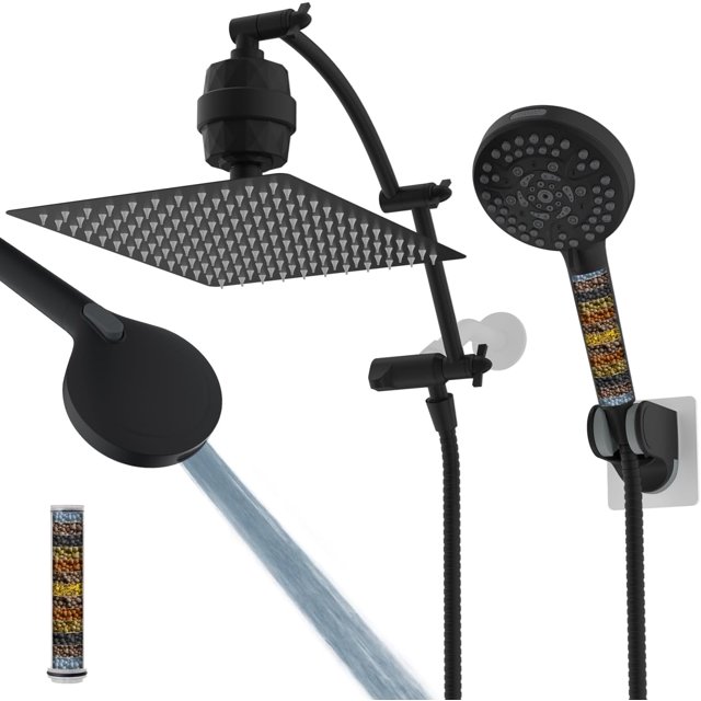 Pommeau de Douche Tout en Métal ‘‘ Pommeau de Douche Haute Pression Pluie / Combo Pommeau de Douche à Main avec ‘‘ Bras Extensible Réglable en Arc ‘‘ Support de Pommeau de Douche Adhésif Chrom
