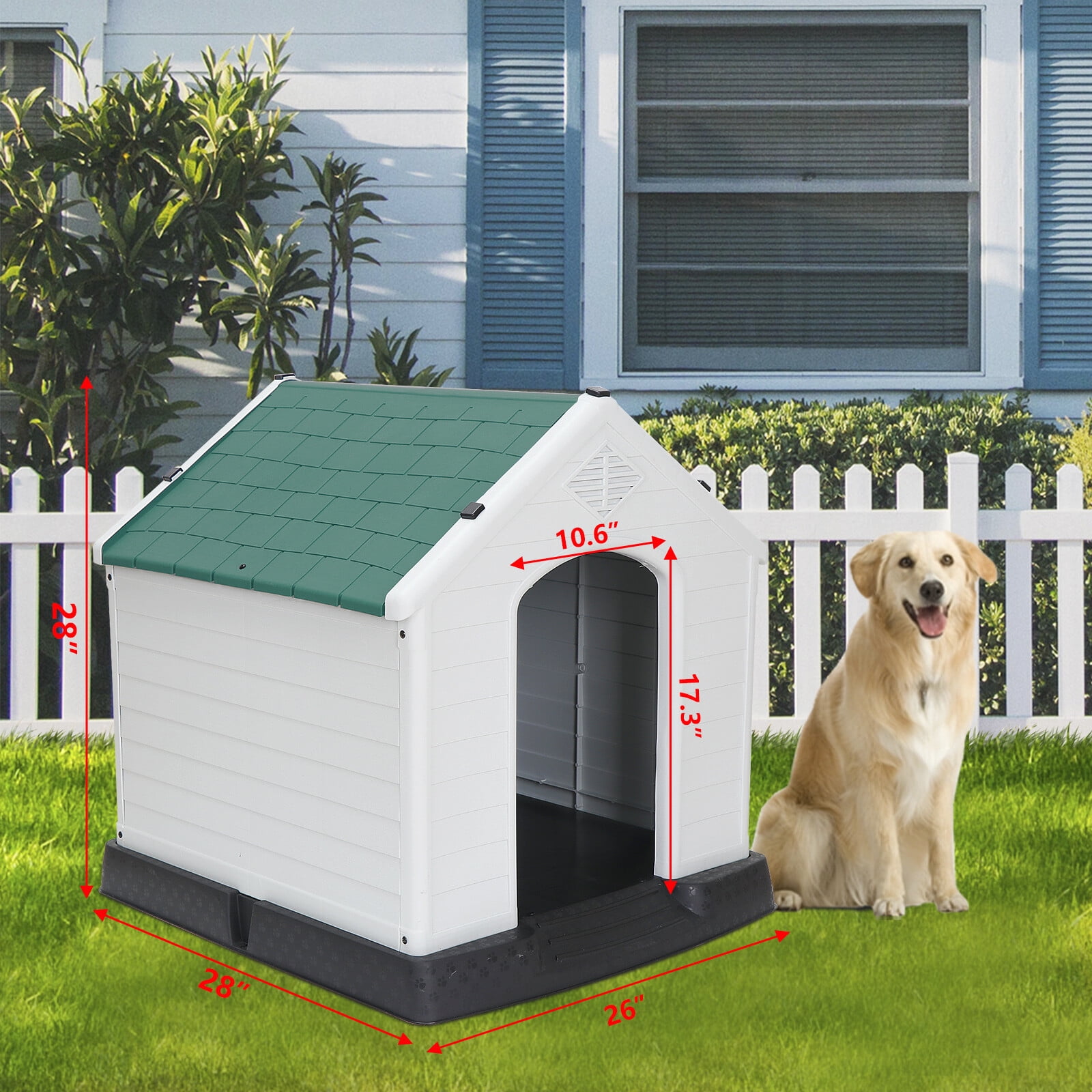 28 Inch Large Plastic Dog House, Dog Kennel Outdoor Waterproof Doghouse Casas para Perros, Puppy Shelter Elevated Floor and Air Vents Igloo Dog House, for Small Medium Large Dogs Outdoor Indoor,Green