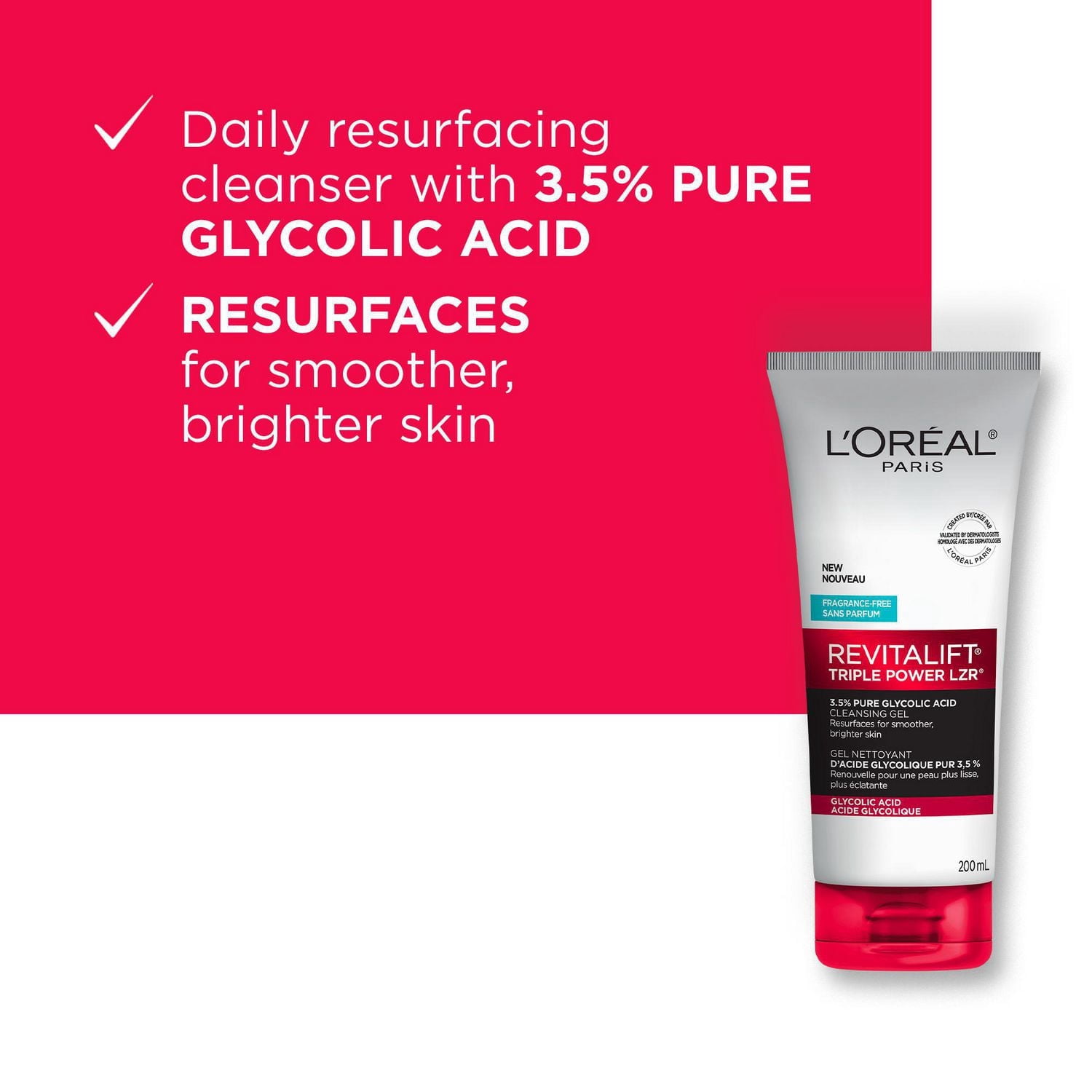 L'Oréal Paris Face Wash Cleansing Gel with 3.5% Pure Glycolic Acid | Revitalift Triple Power LZR, 200 ml