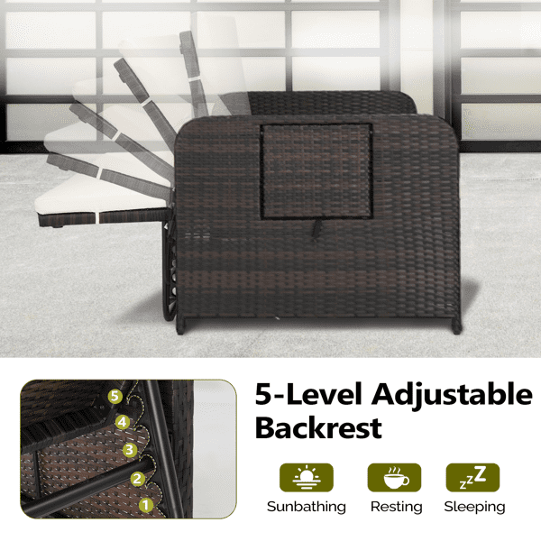 Patio Rattan Daybed Set, 2-in-1 Wicker Loveseat Sofa with Multipurpose Ottoman & Retractable Side Tray, 5-Level Adjustable Backrest, Footstool with Storage, Seat & Back Cushion Included, Brown