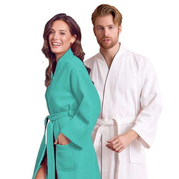 Canadian Linen Aegean Turkish Cotton & Waffle Terry Women Soft Bath robe Set - Shawl Collar Robe - 100% Cotton Light Weight Lounge Wear Two Large Pockets Men Bathrobe, Large, White & Teal