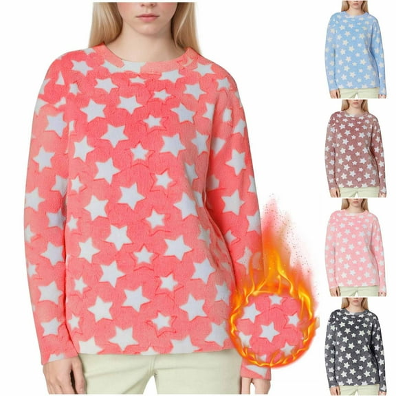 SMihono Stars Print Plush Sweatshirt for Women Winter Warm Soft Fleece Thermal Pajamas Tops Pullover Long Sleeve Lounge Shirts Gray XL