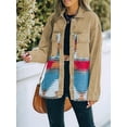thumbnail image 4 of Women'S Loose Lapel Long-Sleeved Denim Patchwork Jacket Retro Raw Edge Mid-Length Jacket Khaki S, 4 of 6