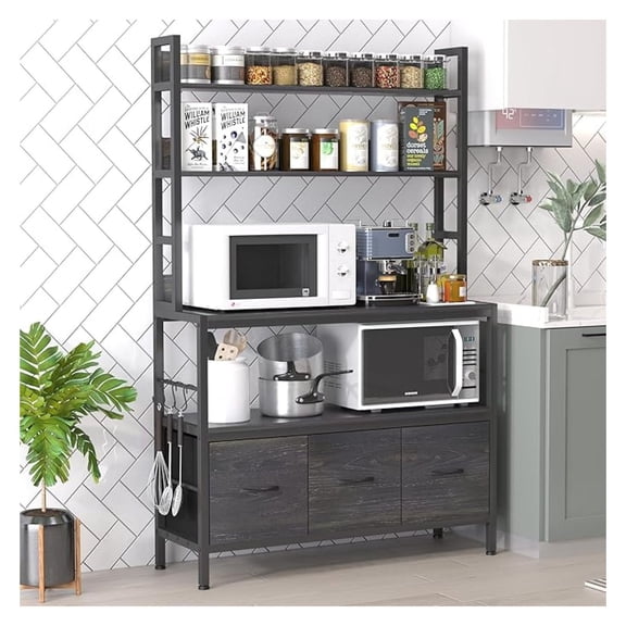 Kitchen Bakers Rack with Baskets,5-Tier Free Standing Storage Shelf Rack,Industrial Microwave Oven Stand,Metal Kitchen Rack Organizer with (Black)