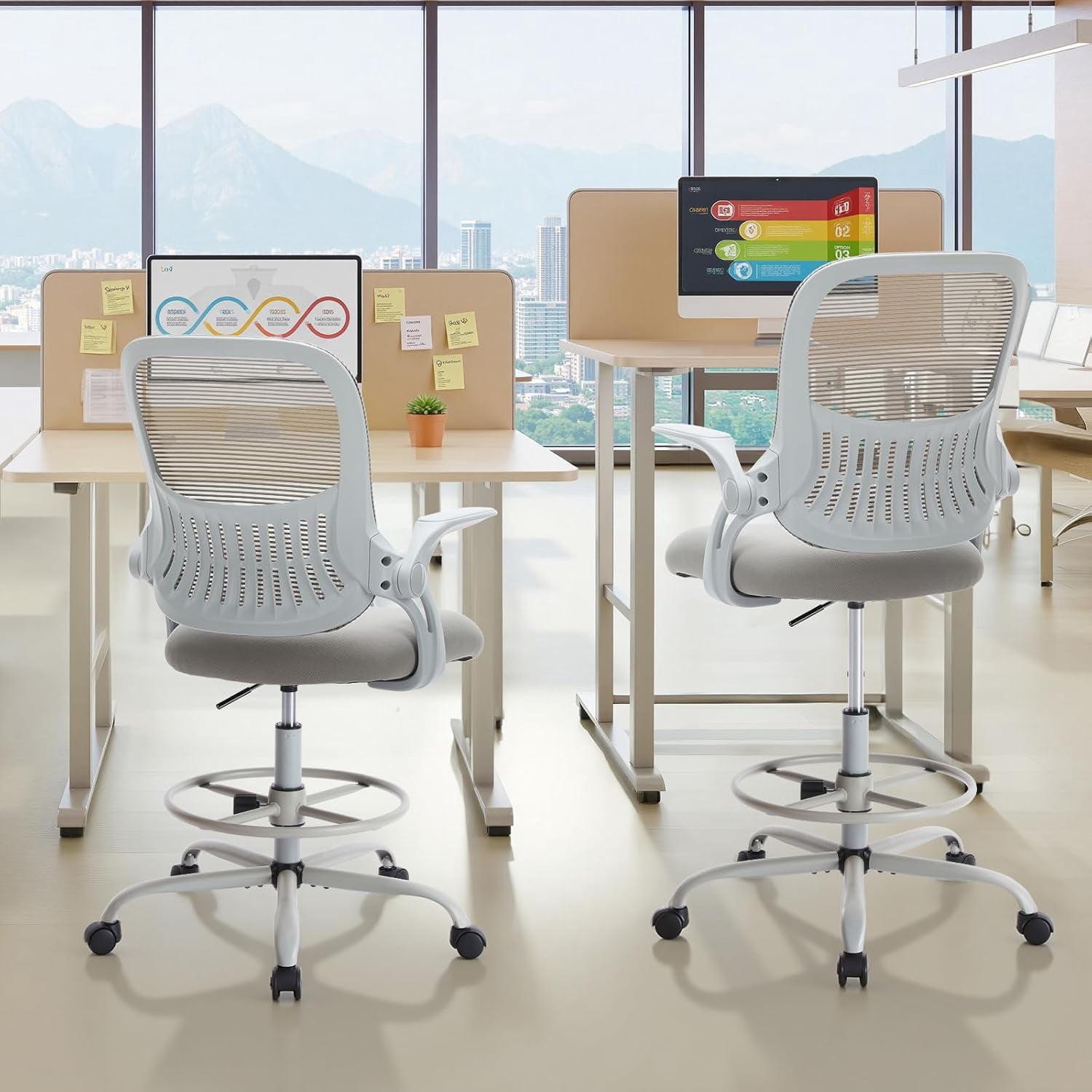 Nextay Tall Drafting Chair - Ergonomic Office Stool with Flip-Up Arms, Footrest & Lumbar Support