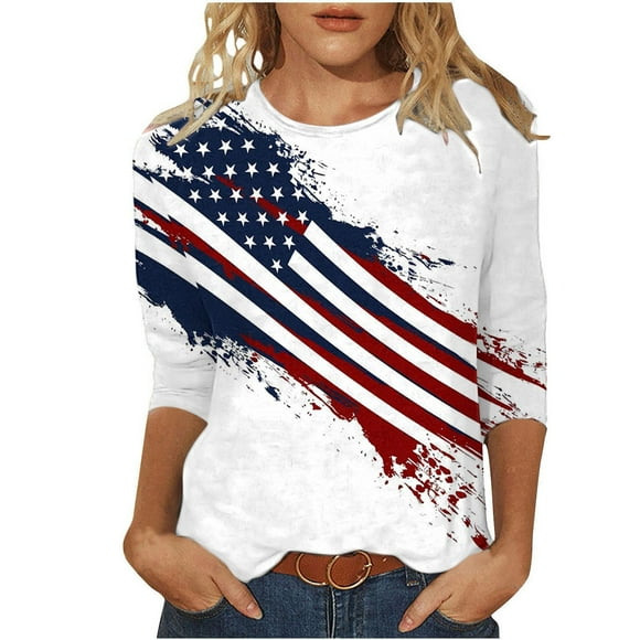 lcziwo American Flag Blouse Women Plus Size 3/4 Sleeve 4th of July Patriotic Graphic Tees 2o25 Summer Independence Day Round Neck Shirts,Multicolor,M