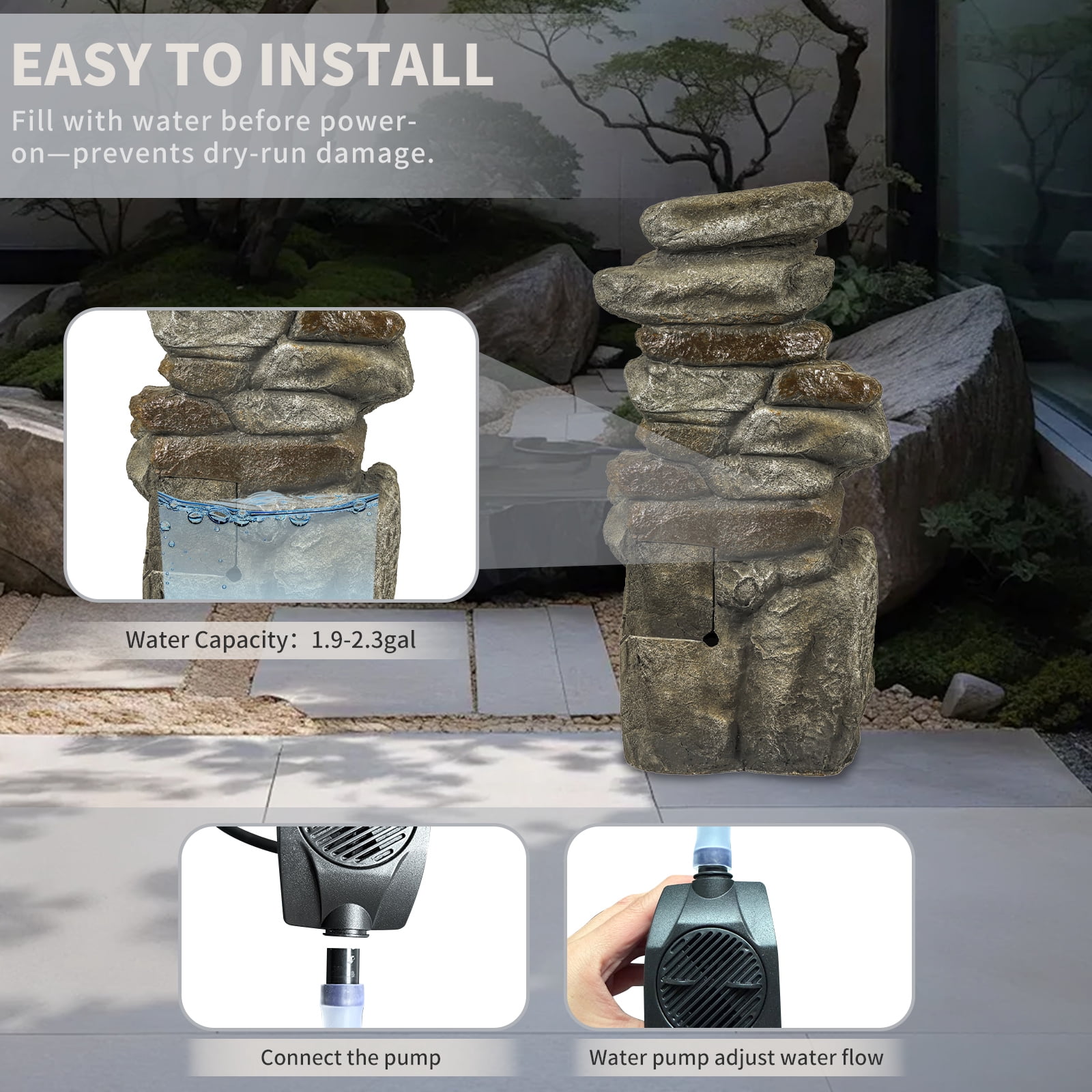 Morufur 30'' Outdoor Cascading Tiered Waterfall Fountain, Stone Fountains with LED Light for Patio Yard Garden Backyard, Gray