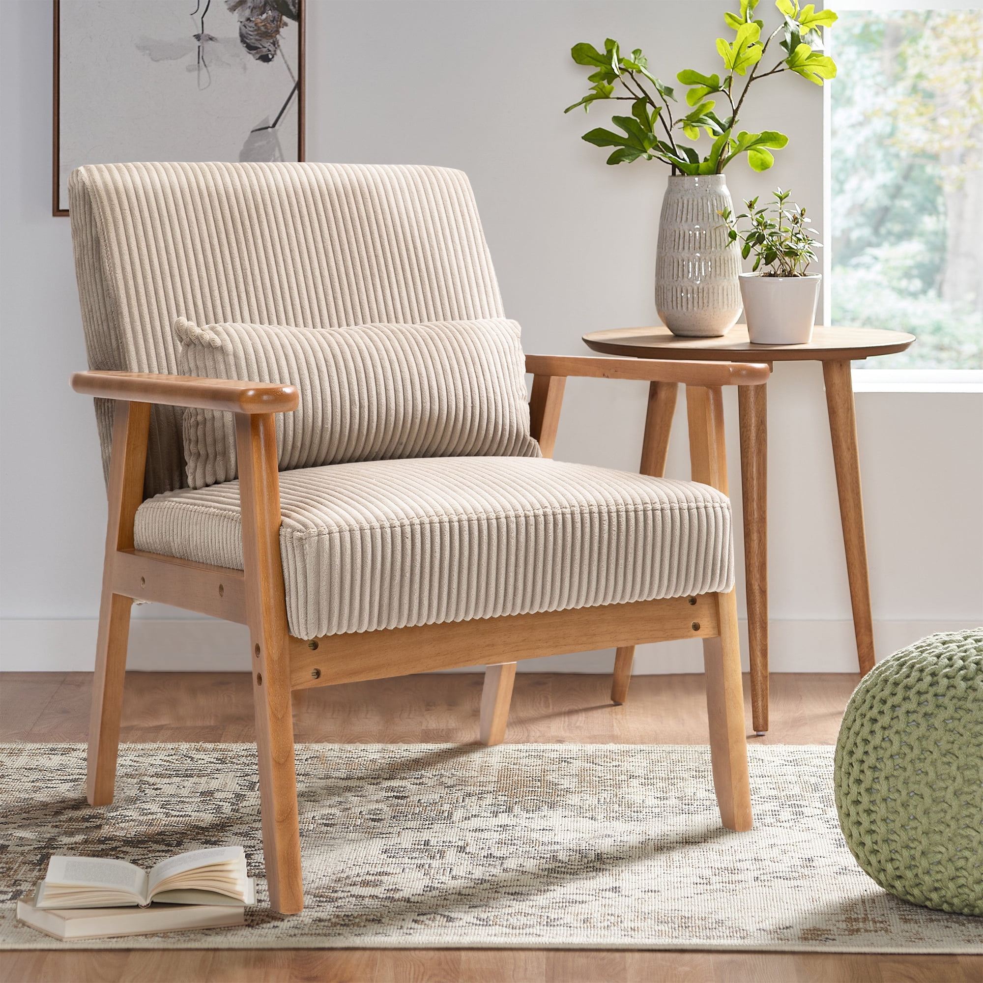 Miniyam Corduroy Mid-Century Modern Accent Chair,Leisure Chair with Solid Wood Armrest and Feet,Living Room Reading Chair,Camel