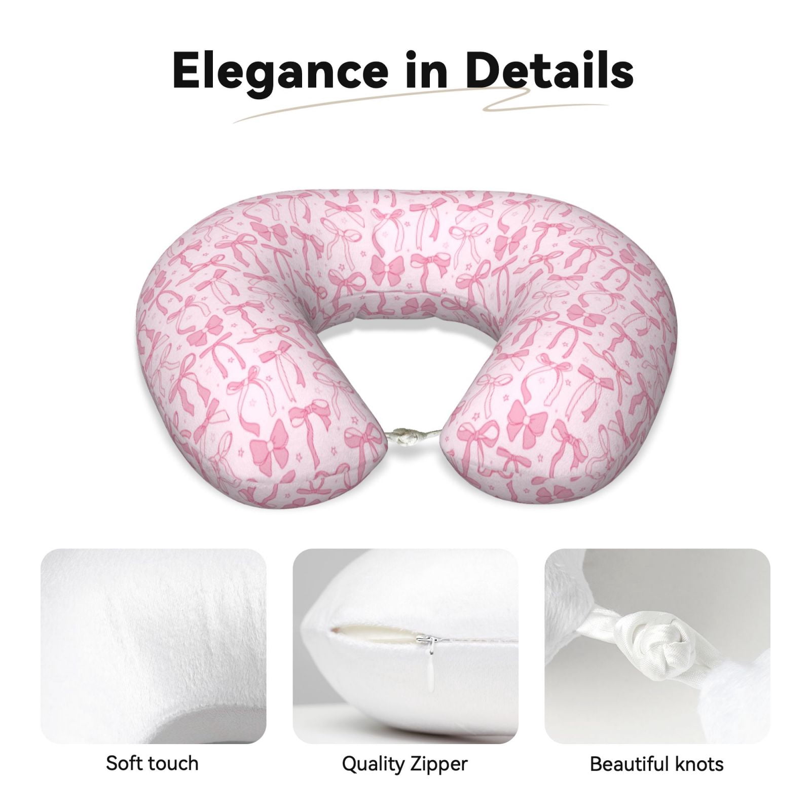 Xecao Ribbon Bow Print Memory Foam Cervical Neck Pillow Versatile U-Shaped Pillows for Home,Office,Camping,Travelling,Soft Washable Cover
