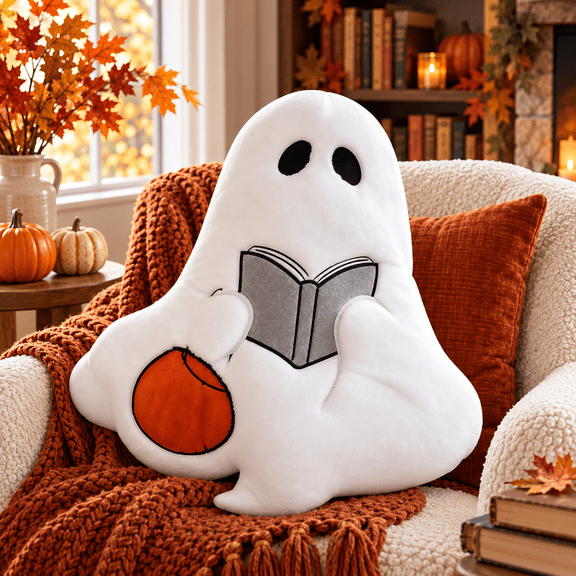 Reading Ghost Halloween Pillow With Pumpkin Plush Cushion Decorative Accent For Sofa Bed Chair Book Nook Living Room And Fall Decor 11.81 In A