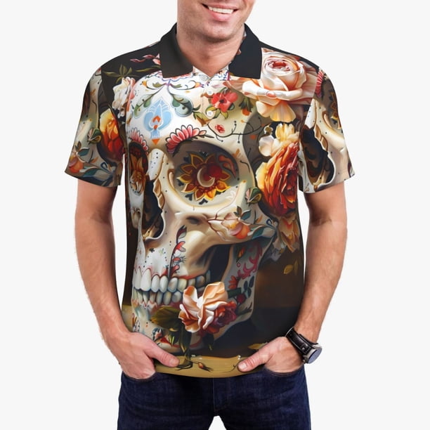 Fotbe Rose Floral Skull Camiseta Polo de Golf para Hombre con Estampado – Camisa Deportiva Transpirable con Cuello Abotonado-X-Large