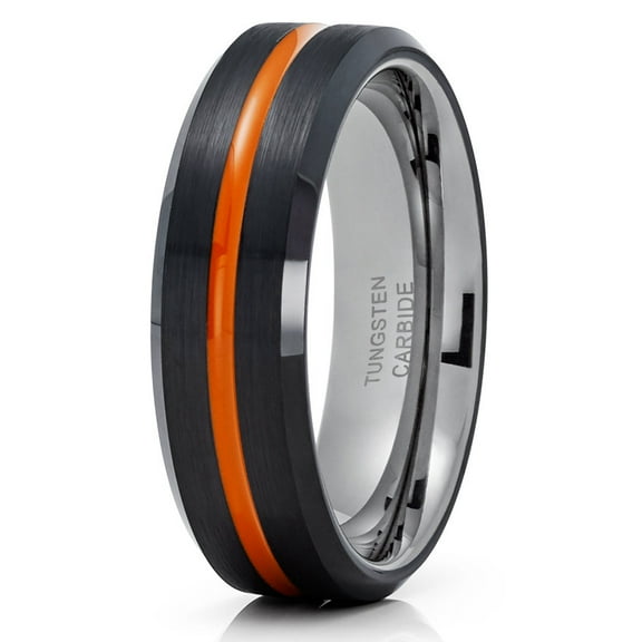 Orange Tungsten Wedding Band 6mm Black Tungsten Ring Orange Wedding Ring Anniversary Ring Black Tungsten Ring