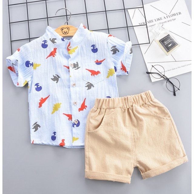 Little Boys Dinosaurs Pattern Short Sleeve Button-Down Mock Top Short Solid Color Elastic Band Pockets Pants