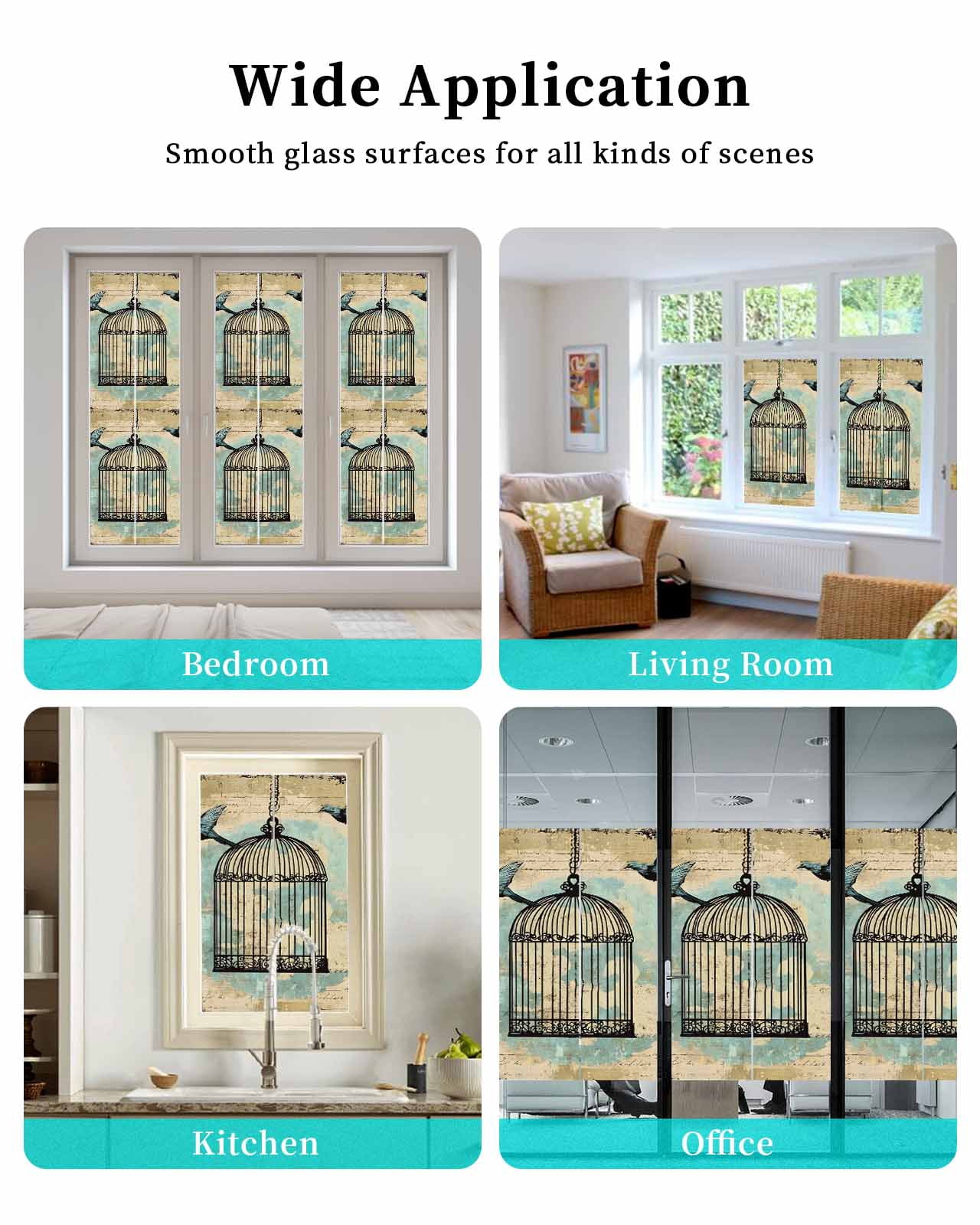 Window Privacy Film Teal Vintage Birds Stained Glass Window Film Decorative Sun Block Window Cover Retro Birdcage Watercolor Window Clings Static Adhesive Sticker for Bathroom 23.6"x59"