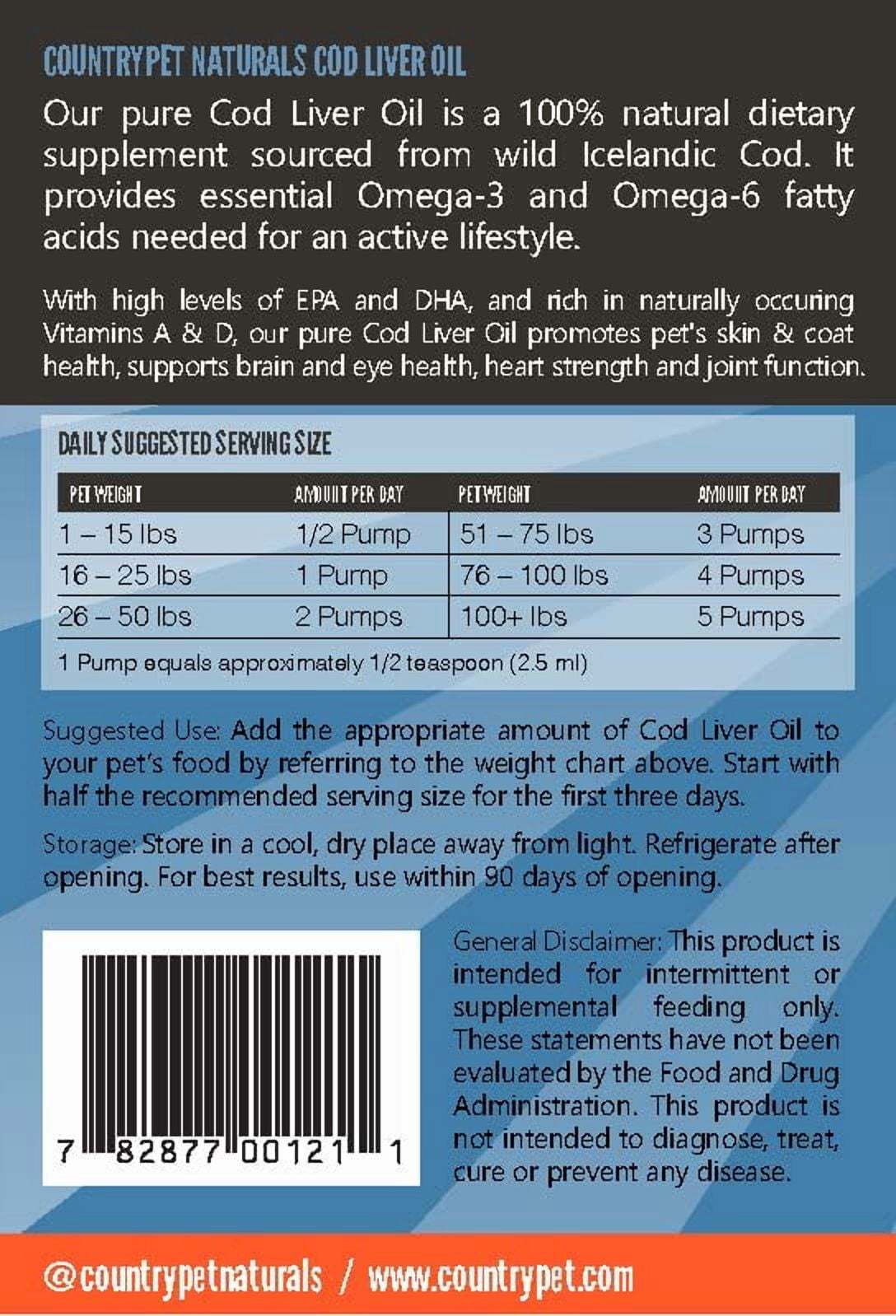 CountryPet Cod Liver Oil for Dogs & Cats, Wild-Caught, Omega-3 EPA & DHA, Vitamin A & D, 16 oz Pump Bottle