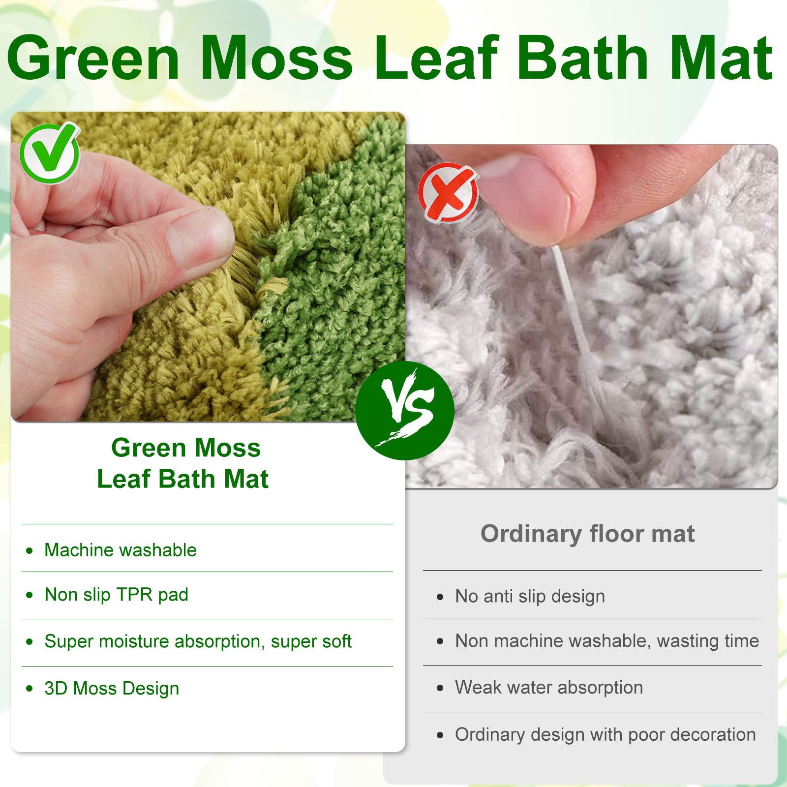 Jokapy Moss Leaf Bathroom Rug Non Slip Bath Mat Soft Microfiber Absorbent Bath  Rug, Green, 24