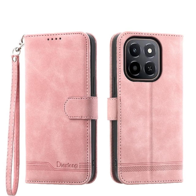 Funda Tipo Billetera para Honor X6C Carcasa Abatible con Porta Tarjetas, Bolsillo para Efectivo, Soporte Ajustable, Cierre Magnético y Correa de Muñeca Rosa