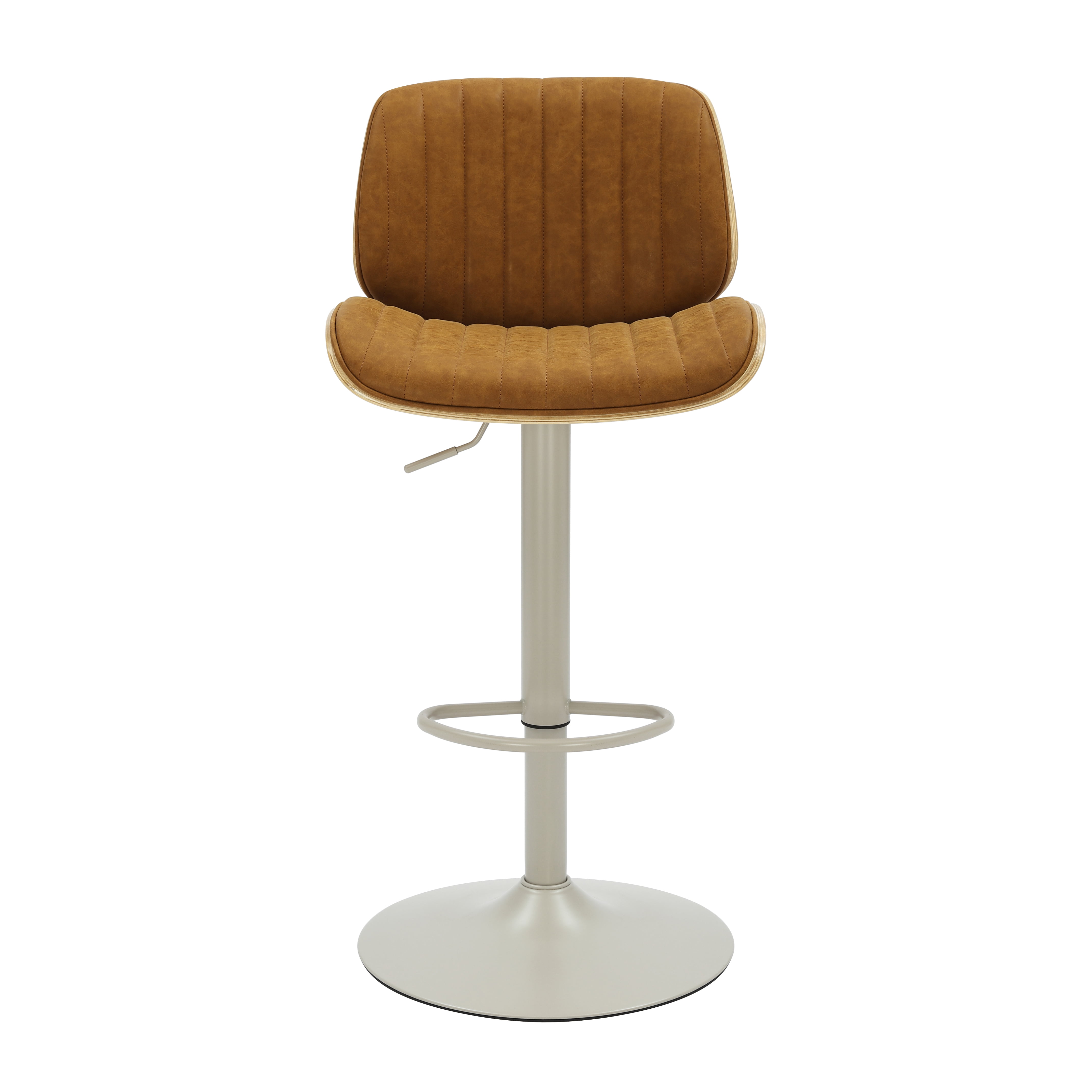 Brock Adjustable Swivel Camel Curved Back Wood Bar Stool with Faux Leather Seat
