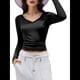thumbnail image 2 of Camiseta Básica Ajustada de Punto Acanalado con Cuello en V y Larga para Mujer Negro S, 2 of 7