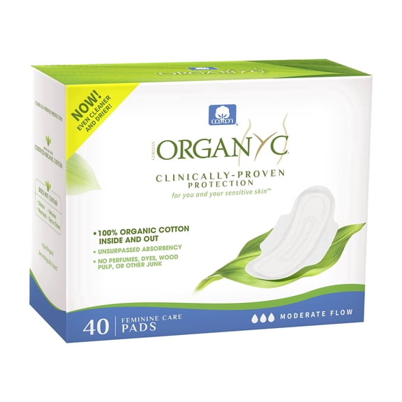 Corman Organyc 100% Certified Organic Cotton Feminine Pads, Moderate Flow, Regular Absorbency, 40 Count