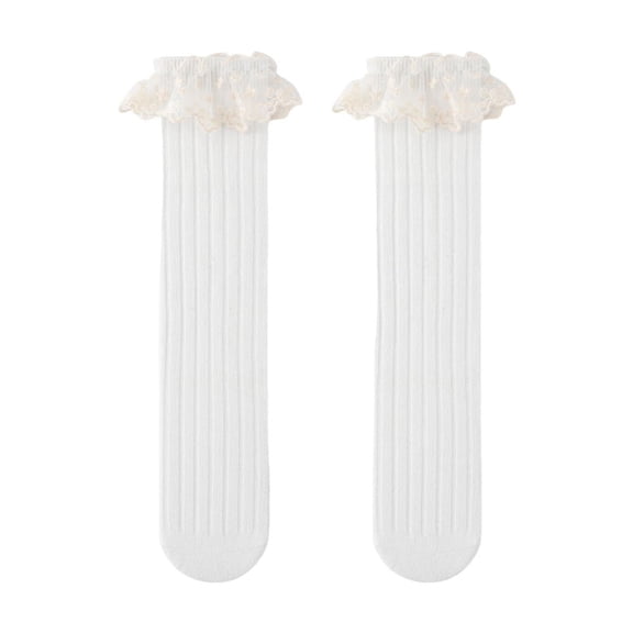 fnnxnal Vintage Lace Ruffle Knee High Socks for Girls, White, Breathable Cotton, One Size,Size Free Size