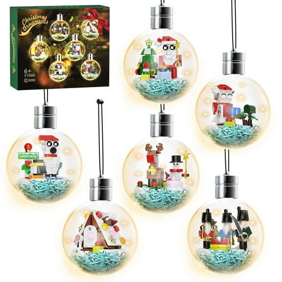 Christmas Ornaments 2025 Building Set 6 Pack Christmas Tree Bulb Ornament with Light Gingerbread Houses, Santa, Reindeer Nutcracker Stuffer Toy Gifts for Kids (406Pcs)