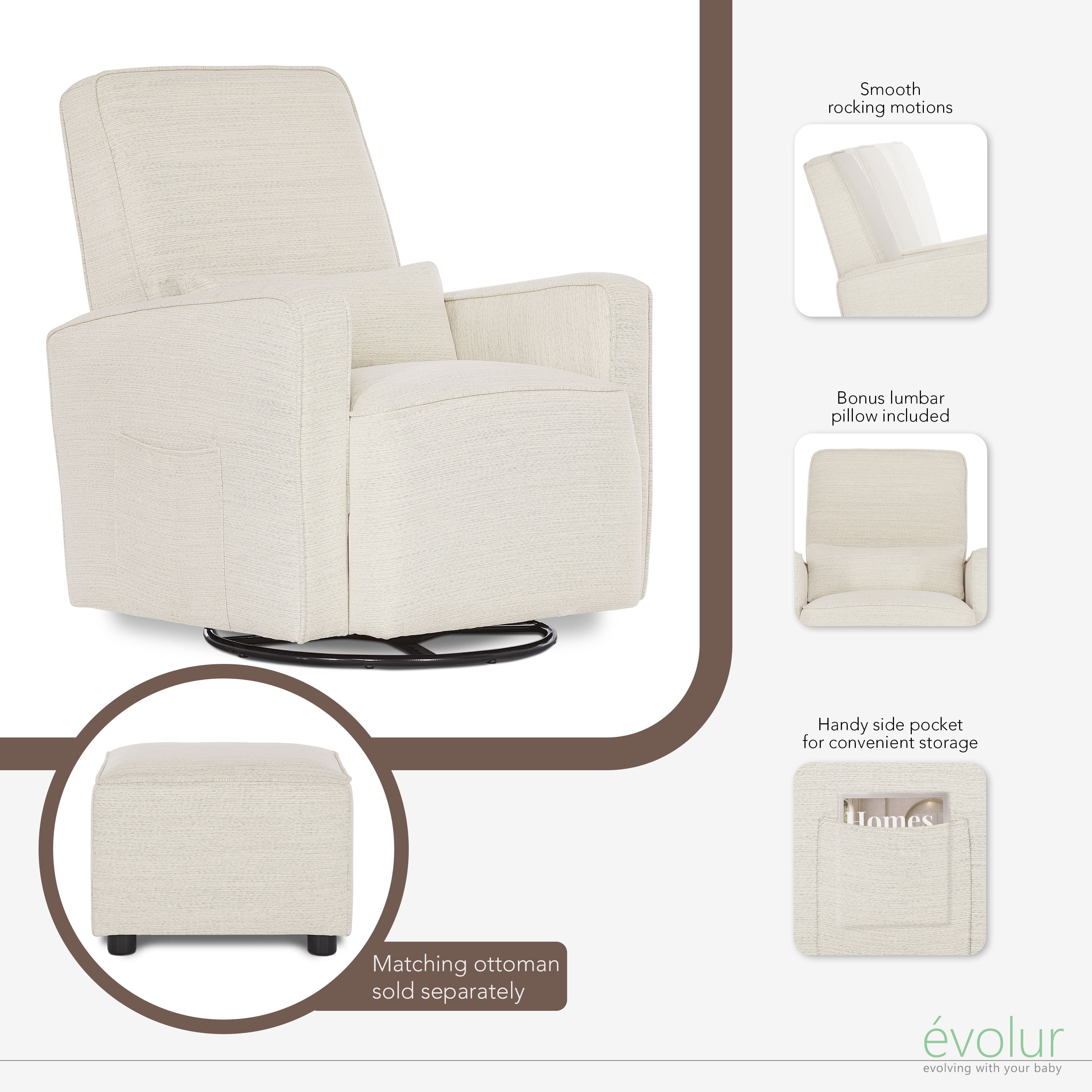 Evolur Holland Upholstered Swivel Glider | Rocker I Included Lumbar Pillow I Modern Design, Thunder