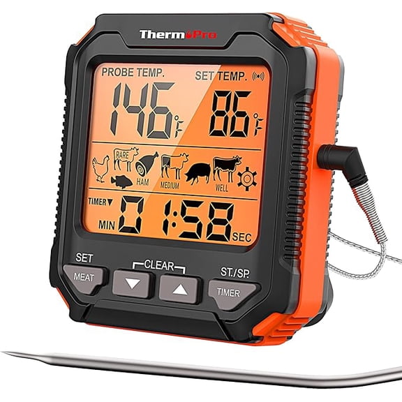 ThermoPro TP716 Digital Meat Thermometer | Backlit, Oven Safe with Meat Probes, Temp Alert for Smoker, BBQ, Oven, Plastic, Single Use, Dry Battery Powered, Can Be Given as a Gift