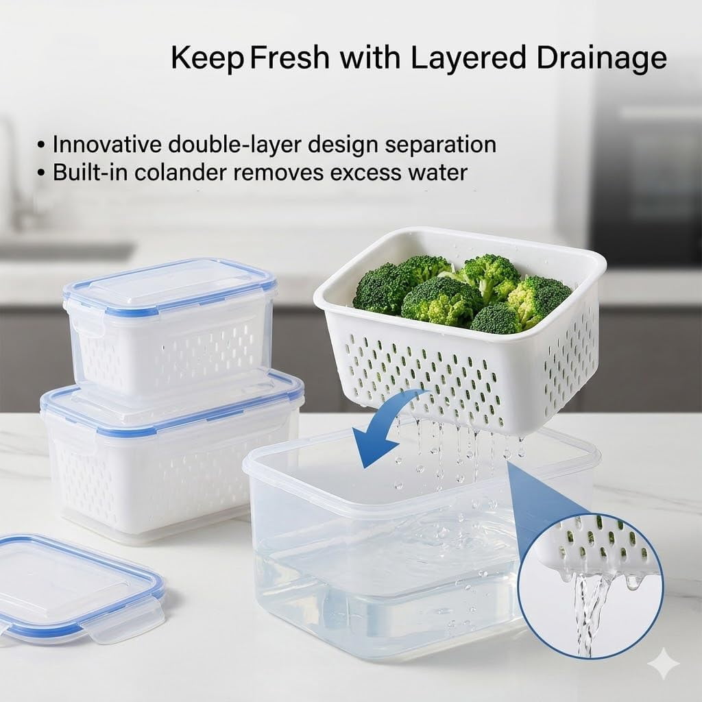 Fruit Vegetable Storage Containers for Fridge, 4 in 1 Food Storage Containers with Lids, Stackable Fruit Storag𝐞 Container𝐬, for Vegetables & Frui𝐭 Organization (B,3PC)
