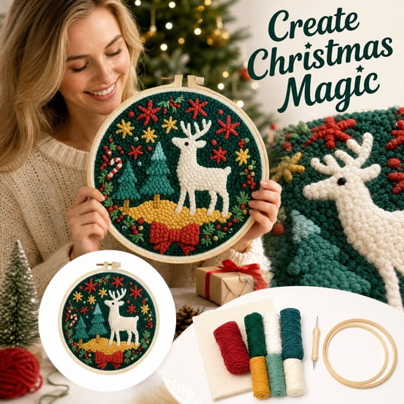 Christmas Embroidery Kit with Pre-Punched Wooden Hoop and Chunky Yarn Textures, Rustic Needle Punch Craft Kit for Beginners and Adults, Cozy Holiday Home Decor Wall Art, Festive