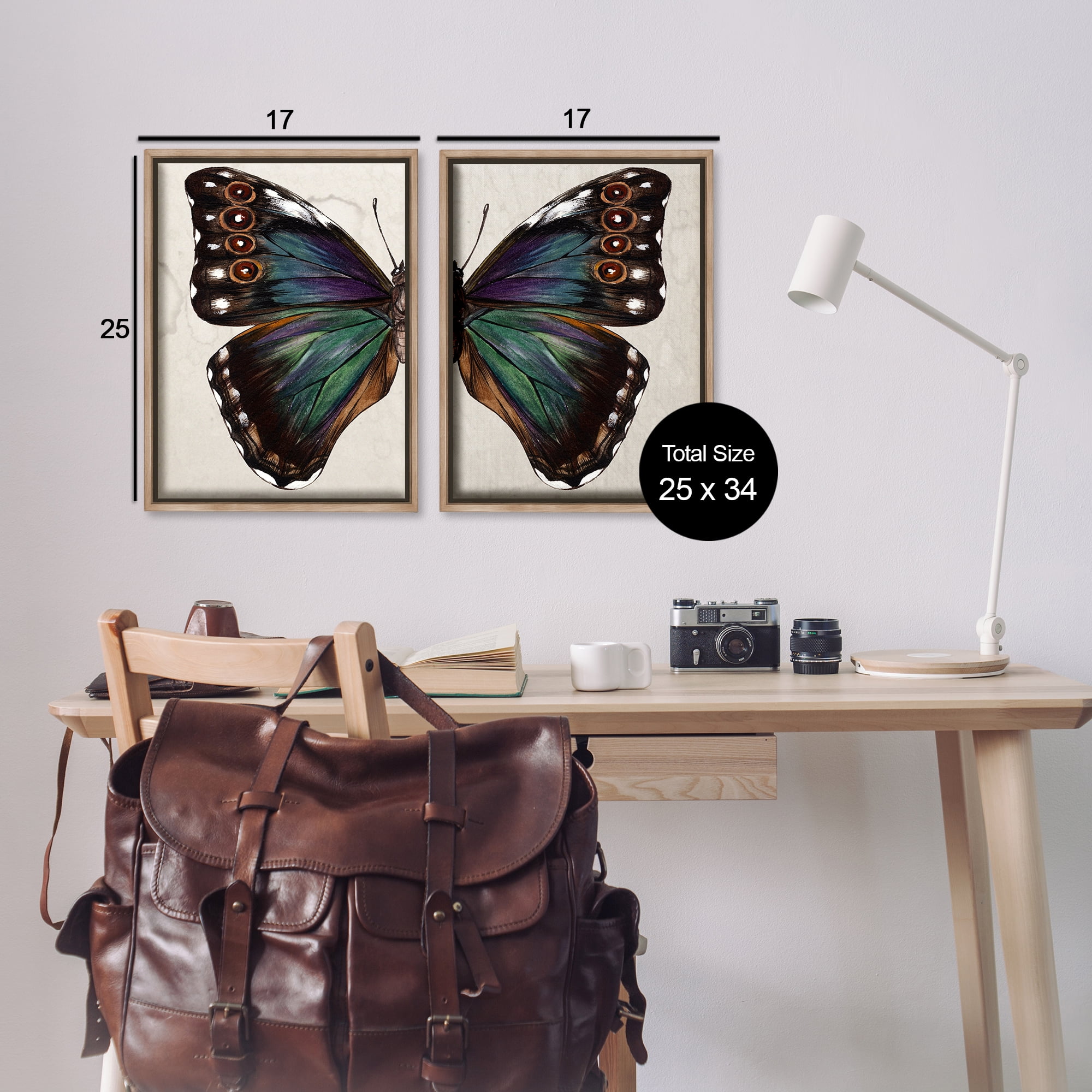 Stupell Industries Colorful Purple Green Butterfly Animals Painting Brown Floater Framed Canvas Art Print Wall Art, 17 x 25, Set of 2