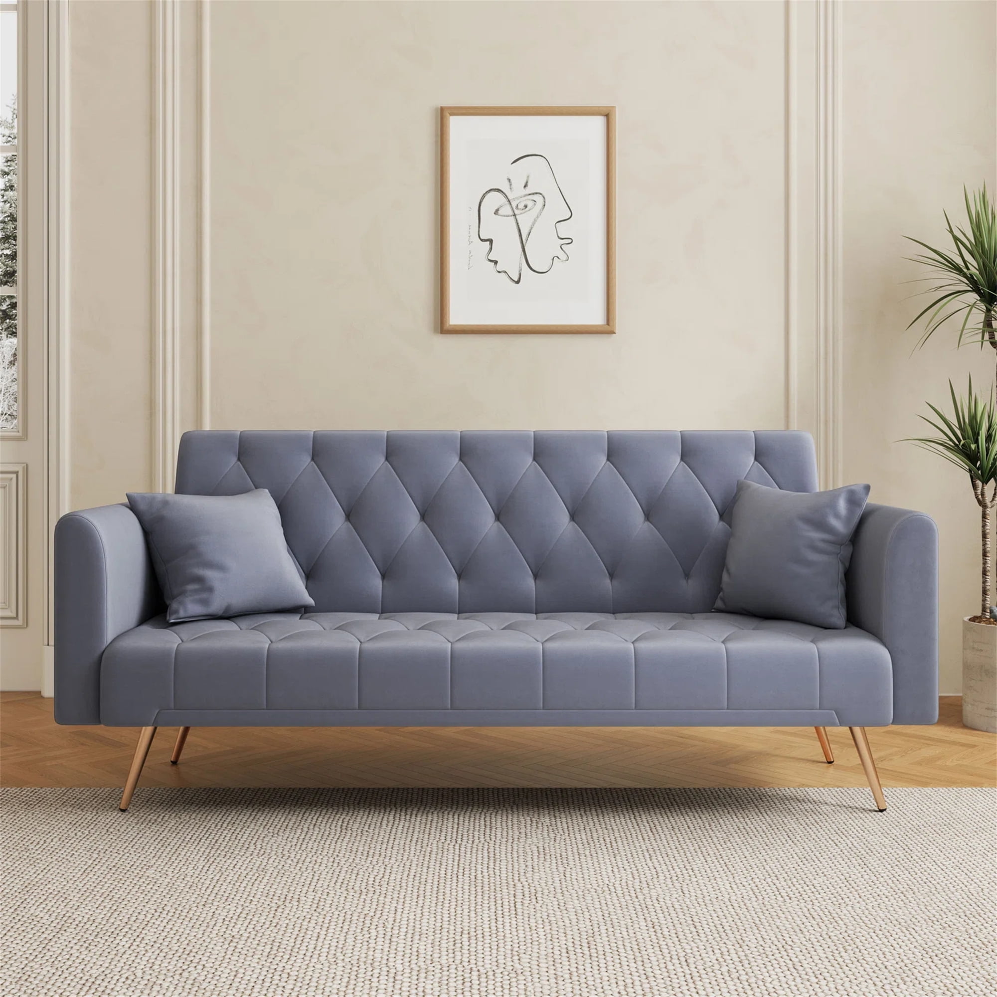 Aukfa Velvet Futon Convertible Sofa Bed, Upholstered Arm Couch for Home Office, 2 Pillows, Gray
